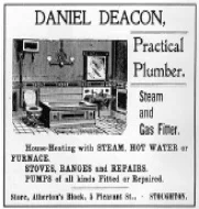 1897 newspaper advertisement for Daniel Deacon, Practical Plumber