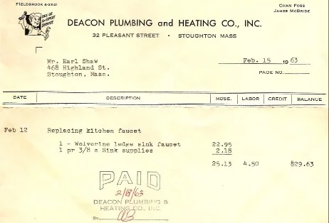 1963 Deacon Plumbing service invoice